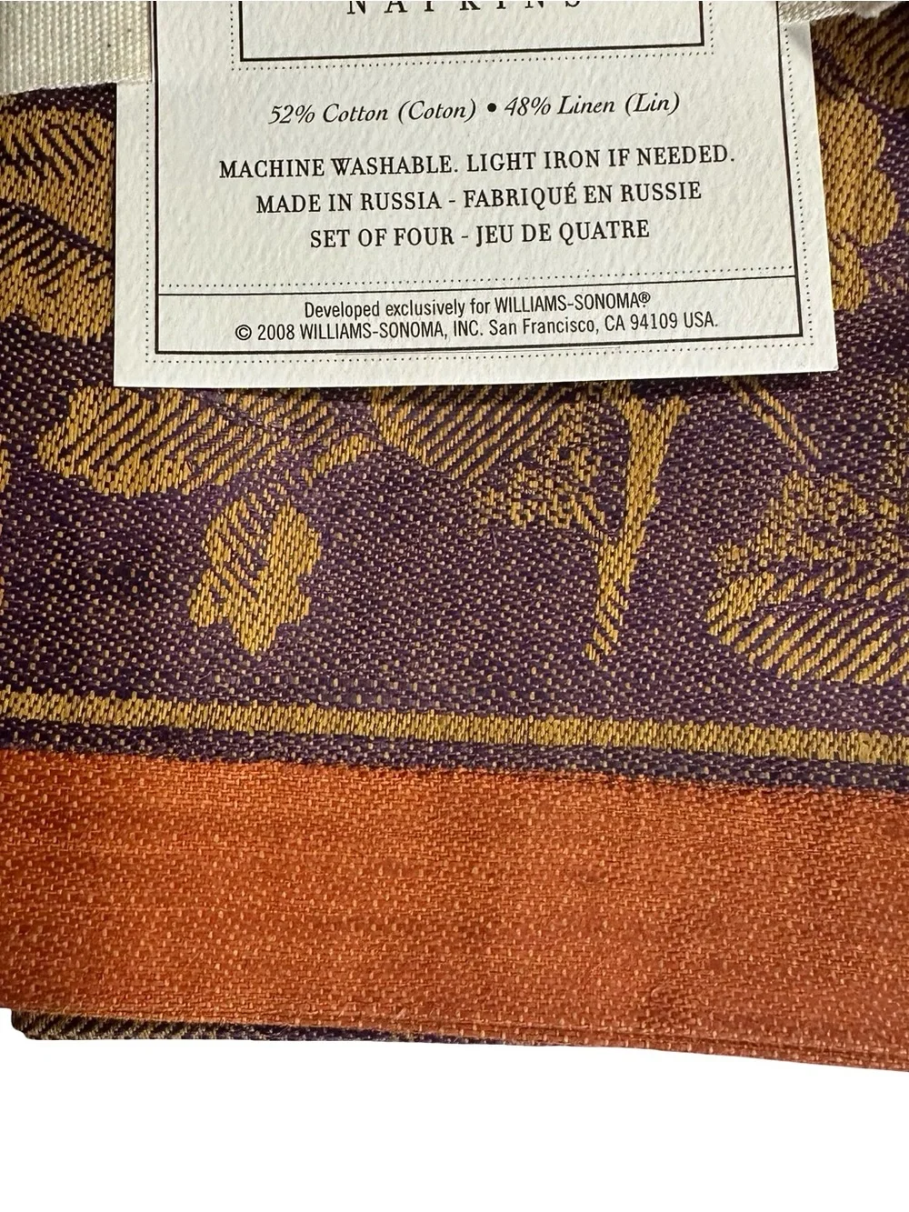 Williams Sonoma Acorn Jacquard Cotton Linen Napkins Set of 4 Purple Gold NOS